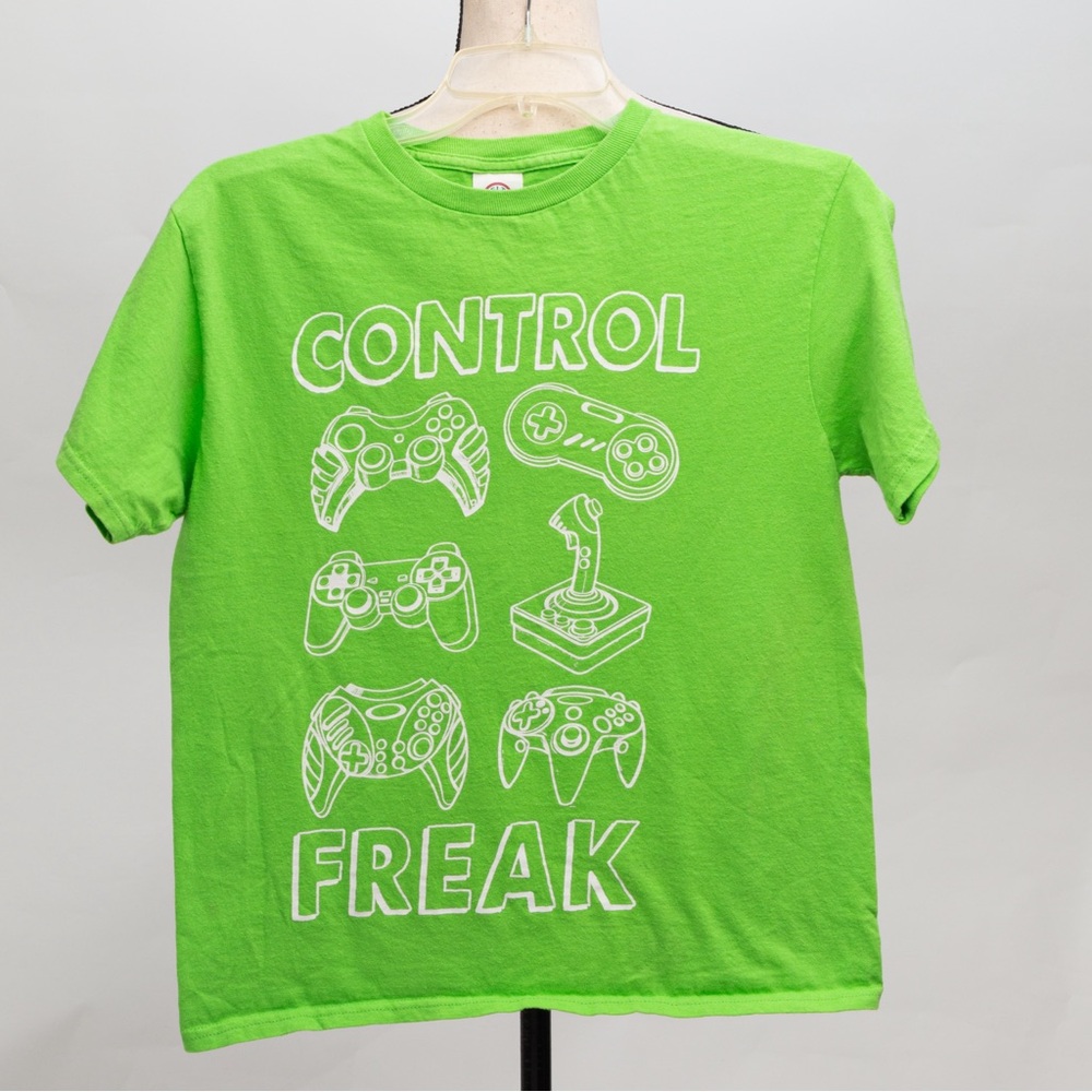 Bright green comfy t-shirt “Control Freak” with video game controllers boys YL